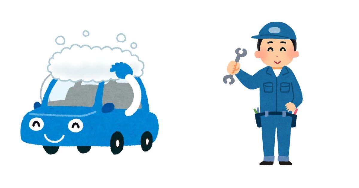 車の塗装面とエンジンルームを前にドライアイス洗浄の影響を確認する整備士のイラスト