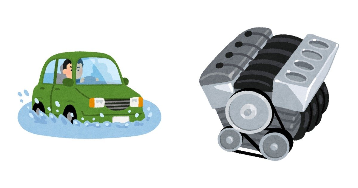 冠水した道路を走る自動車と、車のエンジンのイラスト