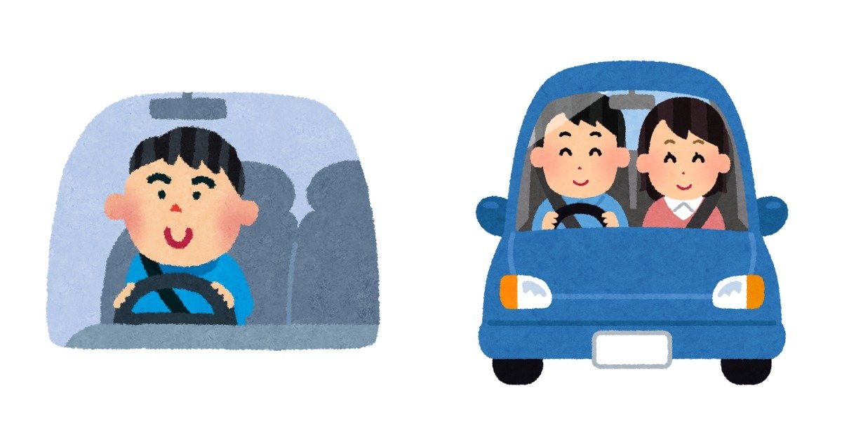 運転席でハンドルを握る男性と、男女が乗った青い車のイラスト