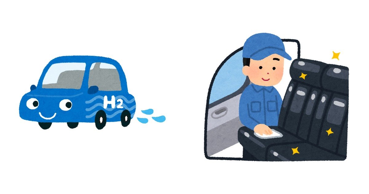 自動車と、車内を掃除する作業員のイラスト