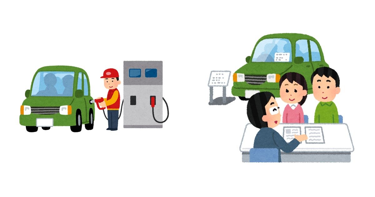 ガソリンスタンドで給油する車と、カーディーラーで相談する家族のイラスト